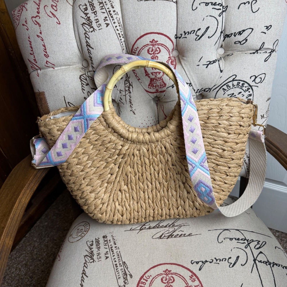 Haute Hippie Woven Straw Half Moon Tote Bag Bamboo Handle Crossbody Purse